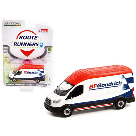 2017 Ford Transit LWB High Roof Van White and Blue with Red Top "BFGoodrich" "Route Runners" Series 4 1/64 Diecast Model Car by Greenlight-Greenlight-ModelCars.com