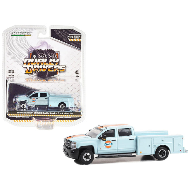 2018 Chevrolet 3500HD Dually Service Truck Light Blue with Orange Stripe "Gulf Oil" "Dually Drivers" Series 13 1/64 Diecast Model Car by Greenlight-Greenlight-ModelCars.com