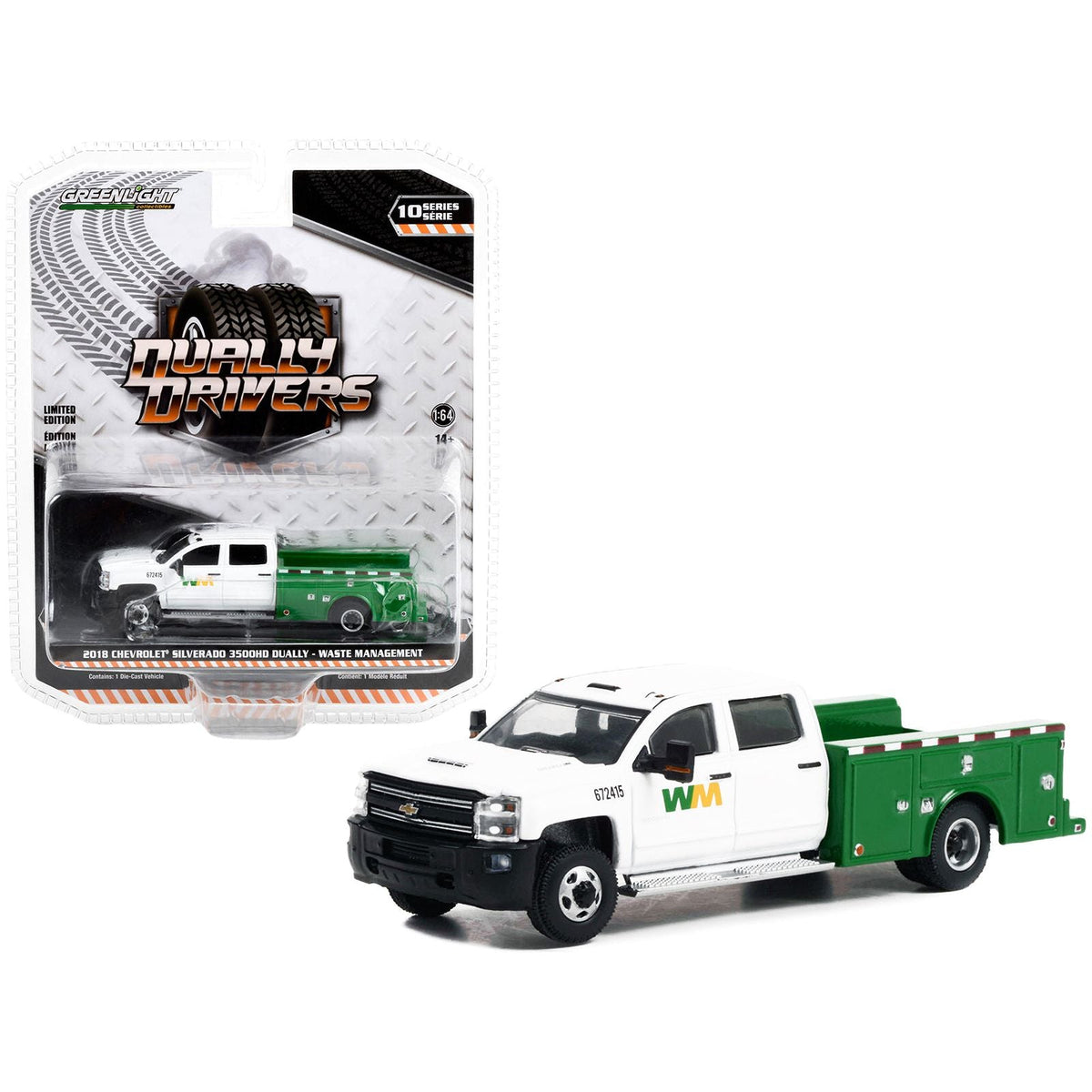 2018 Chevrolet Silverado 3500HD Dually Service Truck White and Green "Waste Management" "Dually Drivers" Series 10 1/64 Diecast Model Car by Greenlight - Greenlight - ModelCars.com