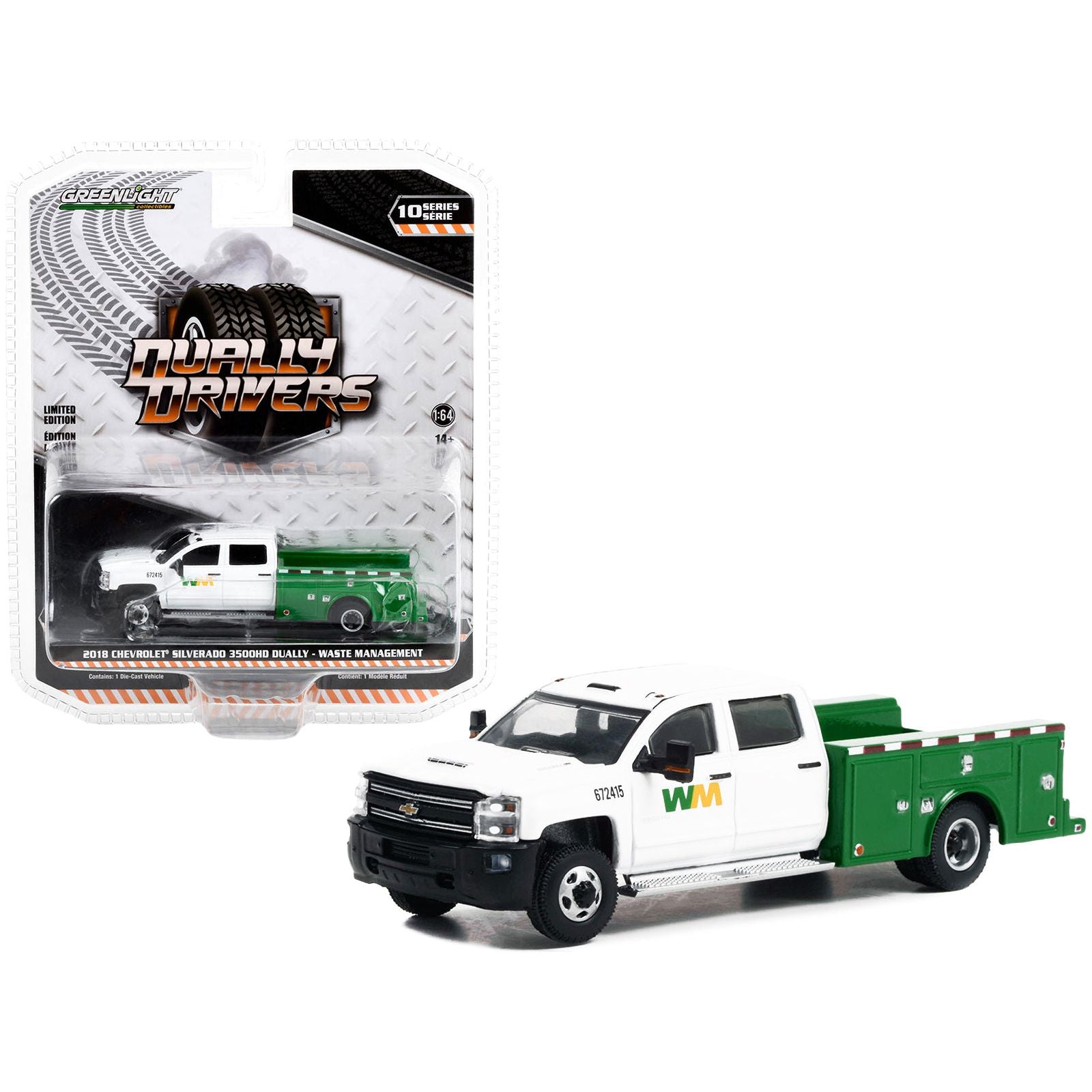 2018 Chevrolet Silverado 3500HD Dually Service Truck White and Green "Waste Management" "Dually Drivers" Series 10 1/64 Diecast Model Car by Greenlight - Greenlight - ModelCars.com