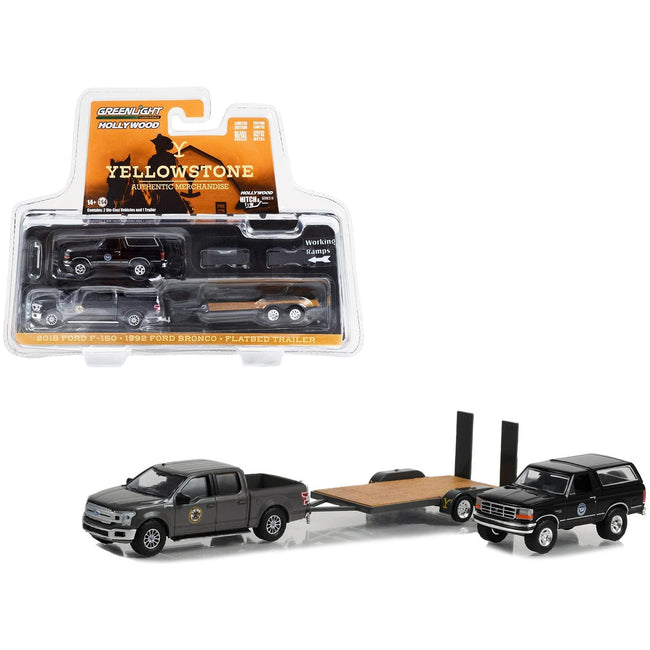 2018 Ford F-150 Pickup Truck Gray with 1992 Ford Bronco "Montana Livestock Association" Black and Flatbed Car Trailer "Yellowstone" (2018-Current) TV Series "Hollywood Hitch & Tow" Series 11 1/64 Diecast Model Cars by Greenlight-Greenlight-ModelCars.com