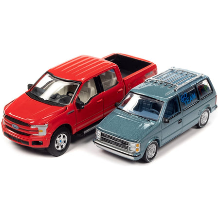 2018 Ford F-150 Pickup Truck Red and 1984 Dodge Caravan Minivan Blue Metallic "World's Best Mom and Dad" Set of 2 Pieces 1/64 Diecast Model Cars by Auto World-Autoworld-ModelCars.com