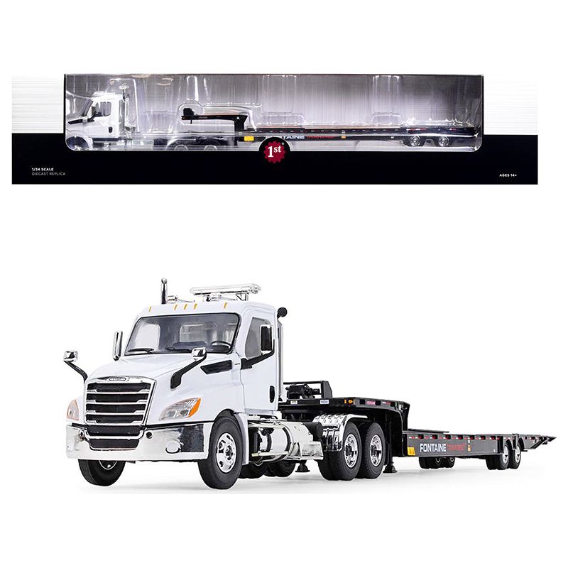 2018 Freightliner Cascadia Day Cab with Fontaine Traverse HT Hydraulic Tail Trailer White and Black 1/34 Diecast Model by First Gear - First Gear - ModelCars.com