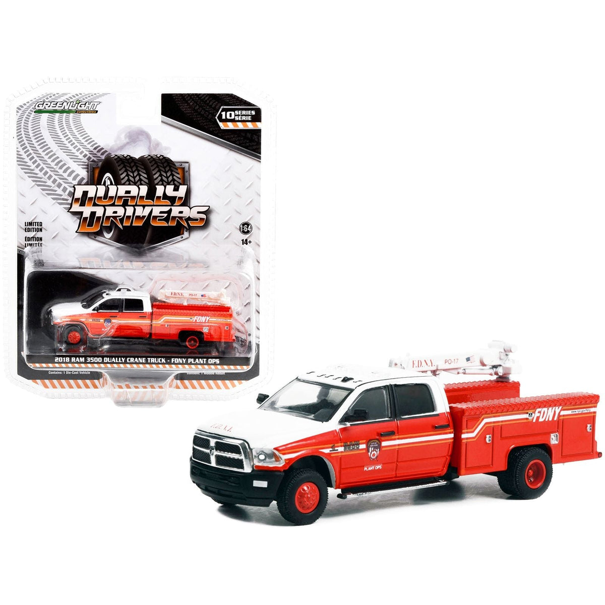 2018 Ram 3500 Dually Crane Truck Red and White with Stripes "FDNY (Fire Department of the City of New York) Plant Ops" "Dually Drivers" Series 10 1/64 Diecast Model Car by Greenlight-Greenlight-ModelCars.com