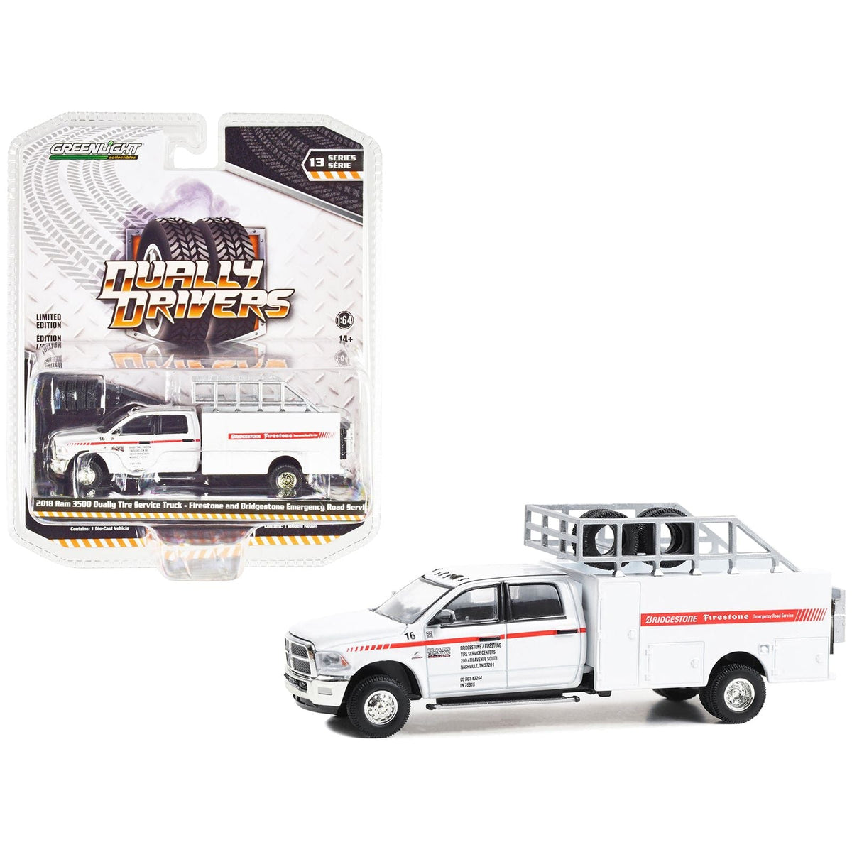 2018 Ram 3500 Dually Tire Service Truck White "Firestone and Bridgestone Emergency Road Service" "Dually Drivers" Series 13 1/64 Diecast Model Car by Greenlight-Greenlight-ModelCars.com