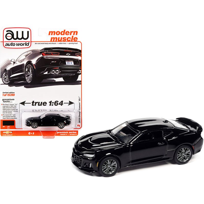 2019 Chevrolet Camaro ZL1 Gloss Black "Modern Muscle" Limited Edition to 15390 pieces Worldwide 1/64 Diecast Model Car by Auto World-Autoworld-ModelCars.com