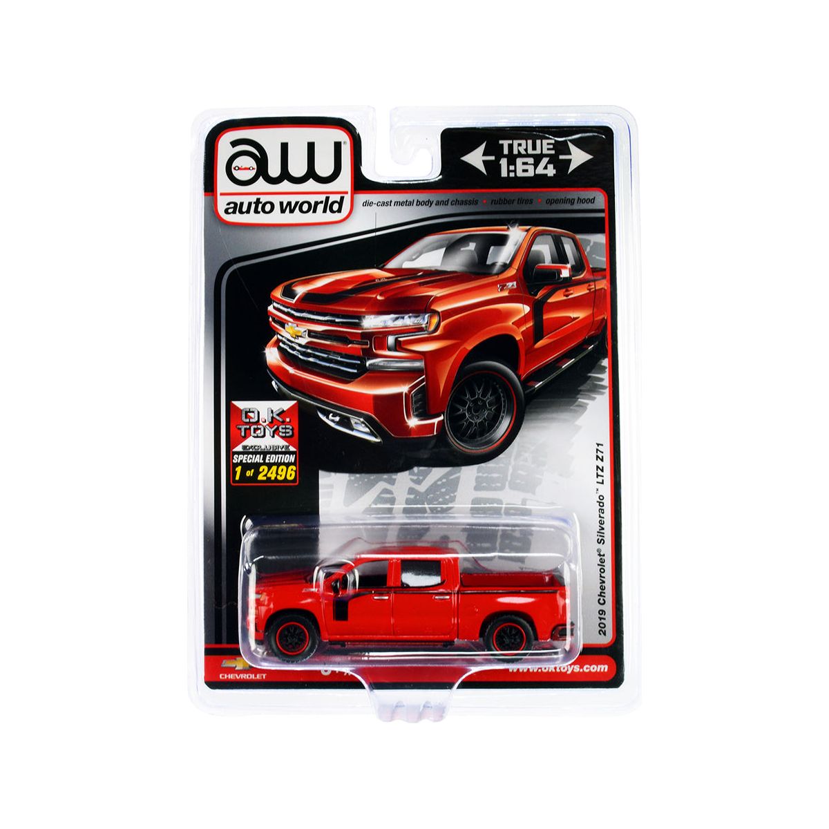 2019 Chevrolet Silverado LTZ Z71 Pickup Truck Red with Black Stripes Limited Edition to 2496 pieces Worldwide 1/64 Diecast Model Car by Auto World-Autoworld-ModelCars.com