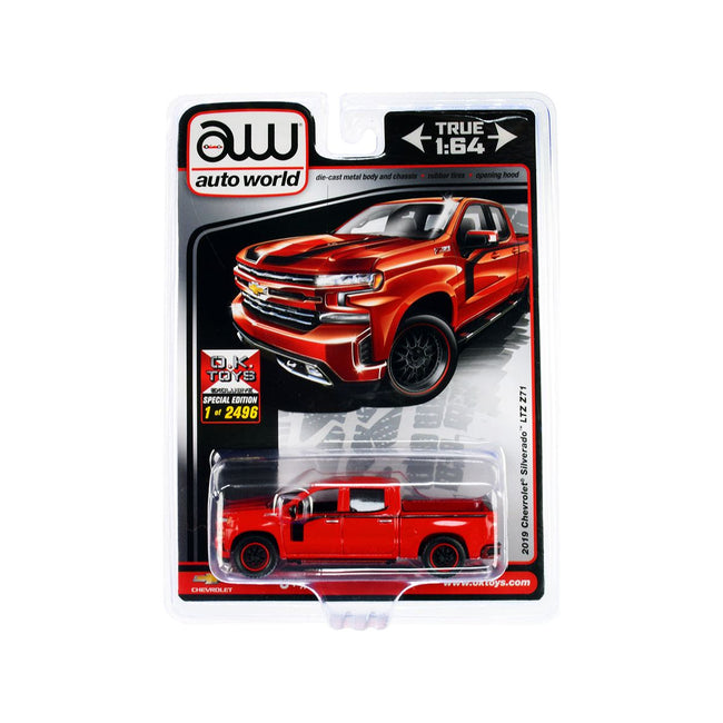 2019 Chevrolet Silverado LTZ Z71 Pickup Truck Red with Black Stripes Limited Edition to 2496 pieces Worldwide 1/64 Diecast Model Car by Auto World-Autoworld-ModelCars.com