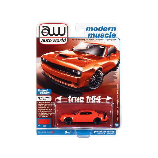 2019 Dodge Challenger R/T Scat Pack Tor Red with Black Tail Stripe "Modern Muscle" Limited Edition 1/64 Diecast Model Car by Auto World-Autoworld-ModelCars.com