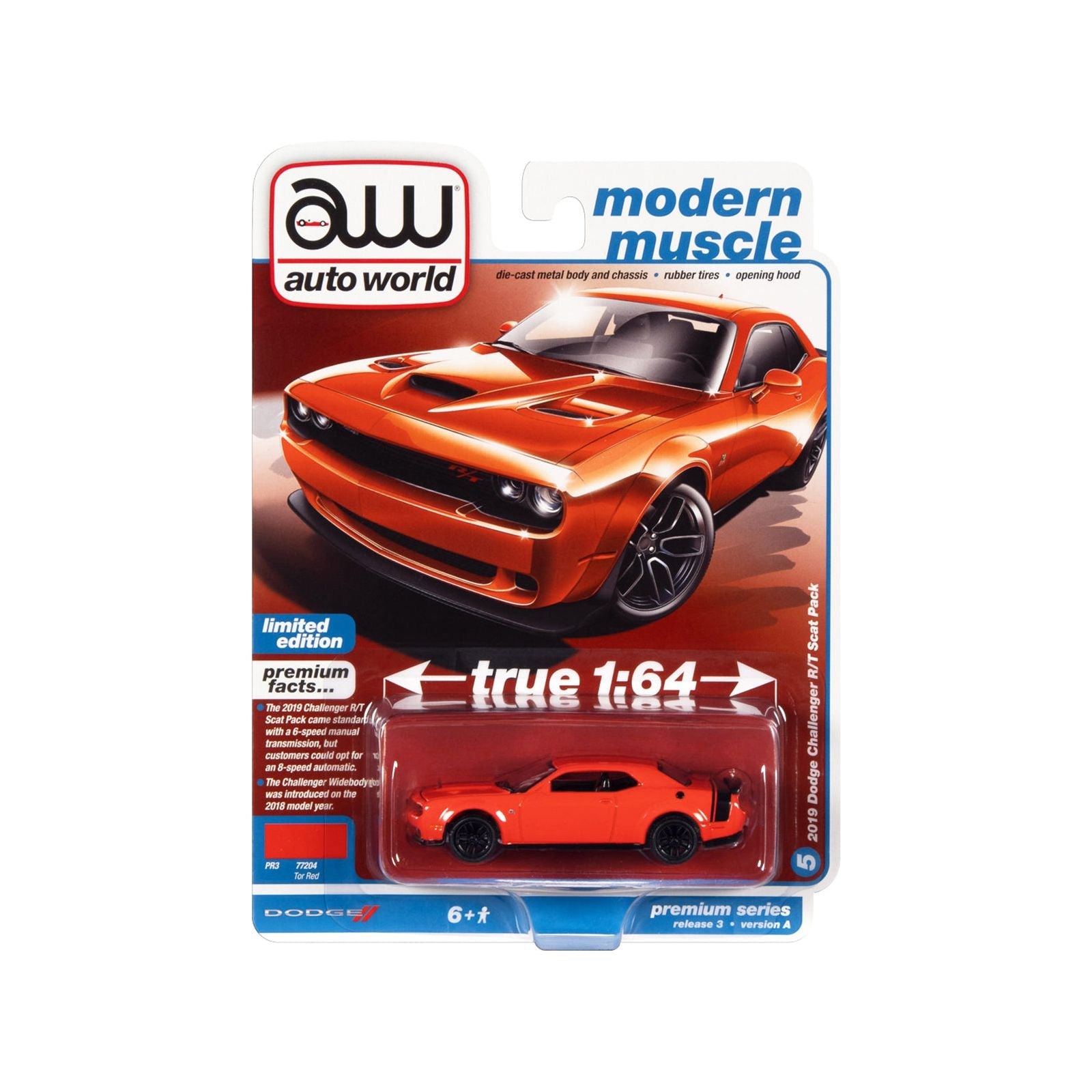 2019 Dodge Challenger R/T Scat Pack Tor Red with Black Tail Stripe "Modern Muscle" Limited Edition 1/64 Diecast Model Car by Auto World - Autoworld - ModelCars.com