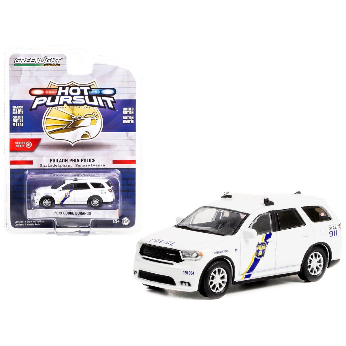 2019 Dodge Durango Police White "Philadelphia Police Pennsylvania" "Hot Pursuit" Series 41 1/64 Diecast Model Car by Greenlight-Greenlight-ModelCars.com