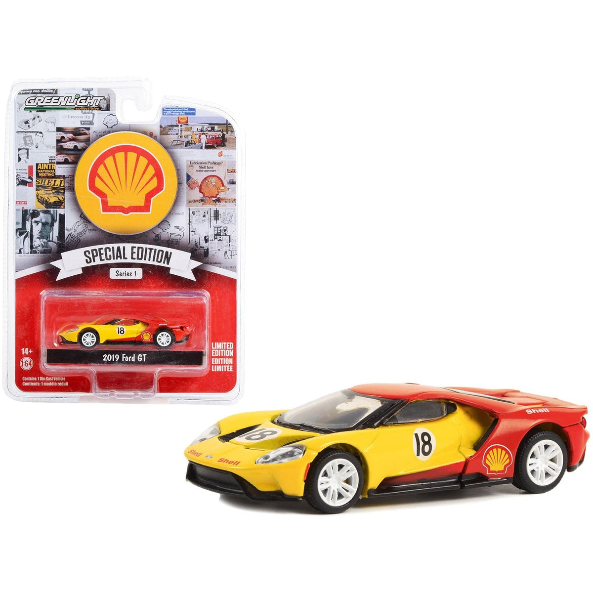 2019 Ford GT 18 Yellow and Red "Shell Oil" "Shell Oil Special Edition" Series 1 1/64 Diecast Model Car by Greenlight-Greenlight-ModelCars.com