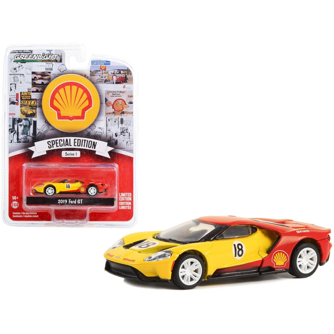 2019 Ford GT 18 Yellow and Red "Shell Oil" "Shell Oil Special Edition" Series 1 1/64 Diecast Model Car by Greenlight-Greenlight-ModelCars.com