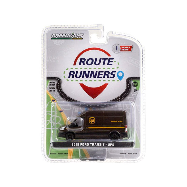 2019 Ford Transit High Roof Van Brown "United Parcel Service" (UPS) "Worldwide Services" "Route Runners" Series 1 1/64 Diecast Model by Greenlight - Greenlight - ModelCars.com