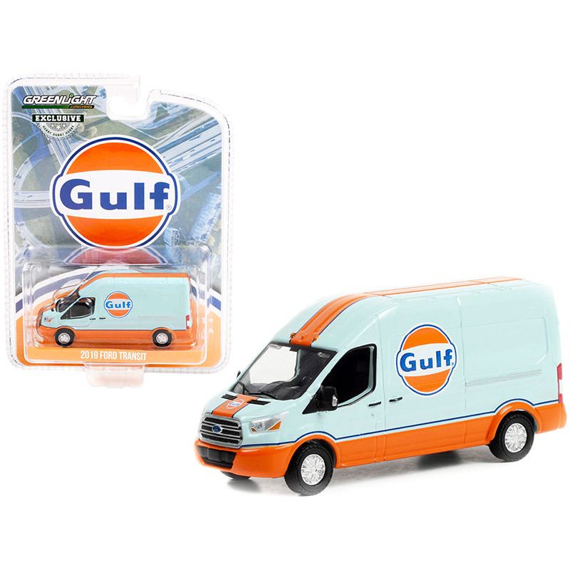 2019 Ford Transit LWB High Roof Van "Gulf Oil" Light Blue and Orange "Hobby Exclusive" 1/64 Diecast Model Car by Greenlight-Greenlight-ModelCars.com