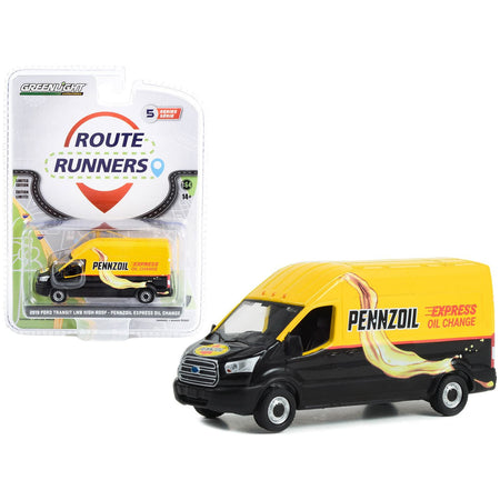 2019 Ford Transit LWB High Roof Van "Pennzoil Express Oil Change" Yellow and Black "Route Runners" Series 5 1/64 Diecast Model Car by Greenlight - Greenlight - ModelCars.com