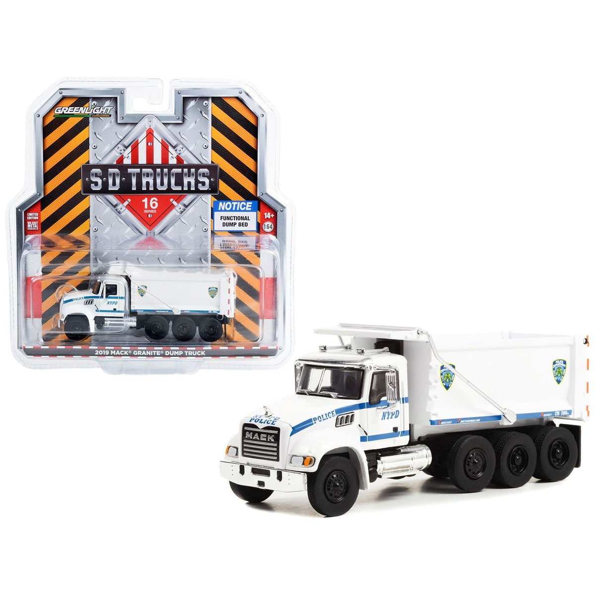 2019 Mack Granite Dump Truck White with Blue Stripes "NYPD (New York City Police Dept)" "S.D. Trucks" Series 16 1/64 Diecast Model Car by Greenlight-Greenlight-ModelCars.com