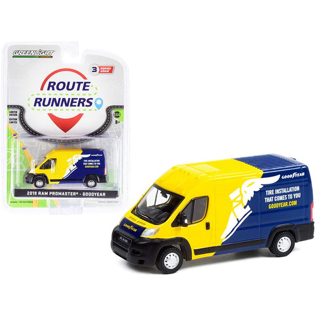 2019 Ram ProMaster 2500 Cargo High Roof Van Yellow and Blue "Goodyear" 'Tire Installation That Comes To You' "Route Runners" Series 3 1/64 Diecast Model by Greenlight-Greenlight-ModelCars.com
