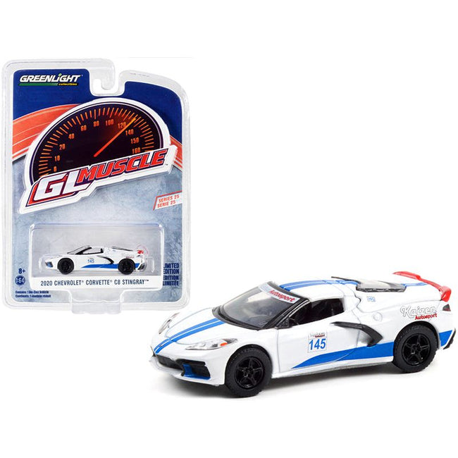 2020 Chevrolet Corvette C8 Stingray 145 White with Blue Stripes "Greenlight Muscle" Series 25 1/64 Diecast Model Car by Greenlight - Greenlight - ModelCars.com
