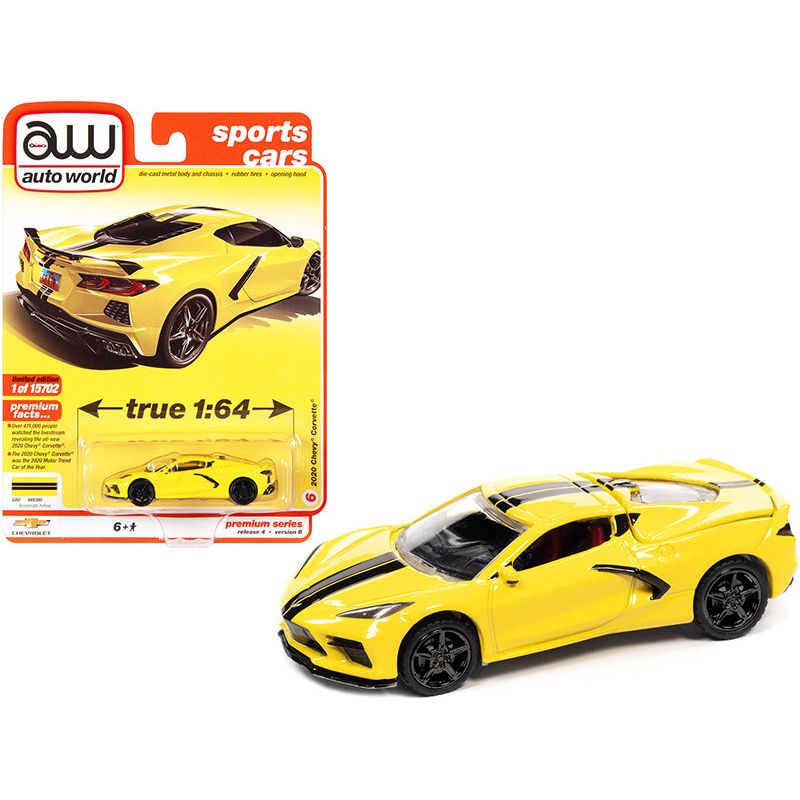 2020 Chevrolet Corvette C8 Stingray Accelerate Yellow with Twin Black Stripes "Sports Cars" Limited Edition to 15702 pieces Worldwide 1/64 Diecast Model Car by Auto World - Autoworld - ModelCars.com