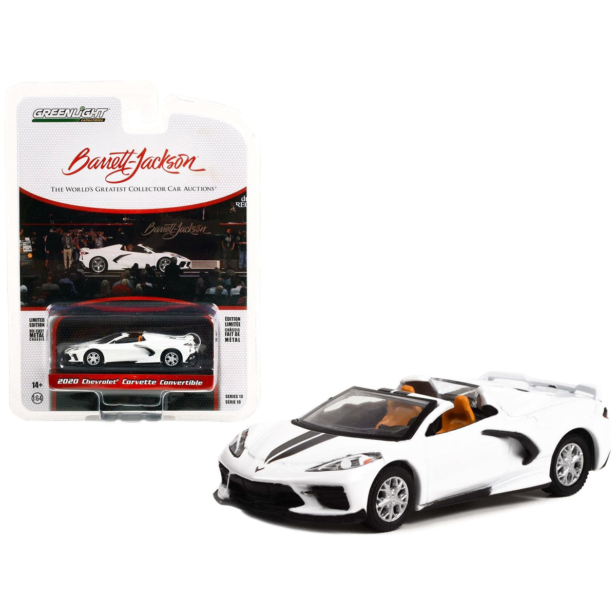 2020 Chevrolet Corvette C8 Stingray Convertible Arctic White with Black Stripes (Lot 1275) Barrett-Jackson 'Scottsdale Edition' Series 10 1/64 Diecast Model Car by Greenlight-Greenlight-ModelCars.com