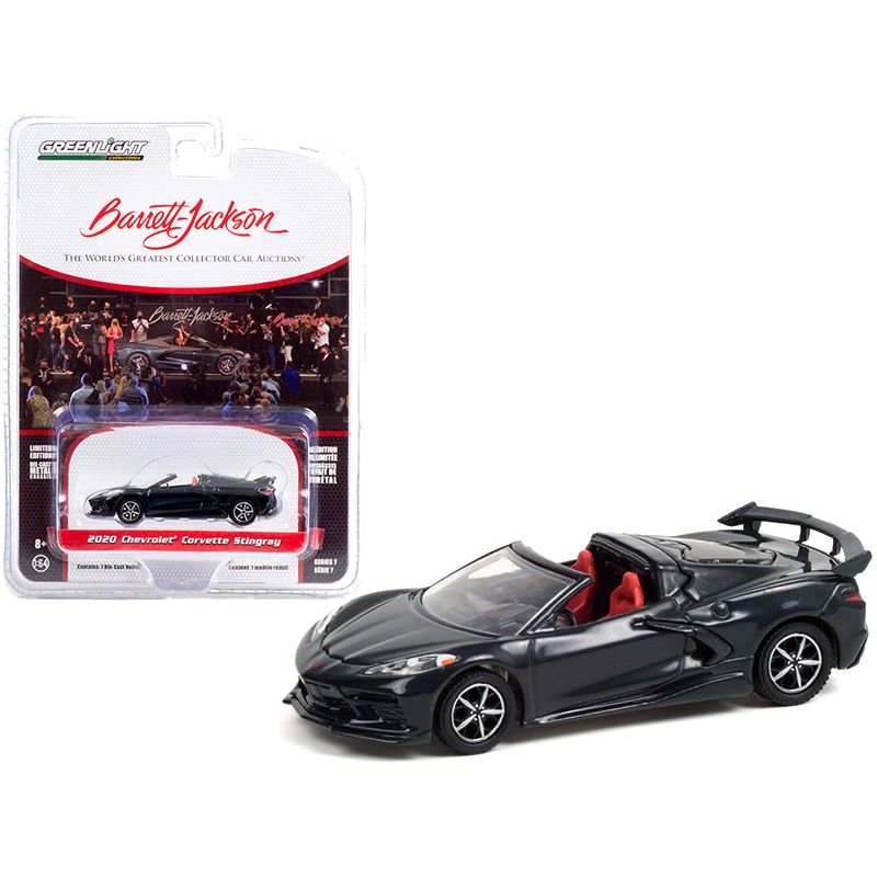 2020 Chevrolet Corvette C8 Stingray Convertible Shadow Gray Metallic with Adrenaline Red Interior (Lot 3002) Barrett Jackson "Scottsdale Edition" Series 7 1/64 Diecast Model Car by Greenlight - Greenlight - ModelCars.com