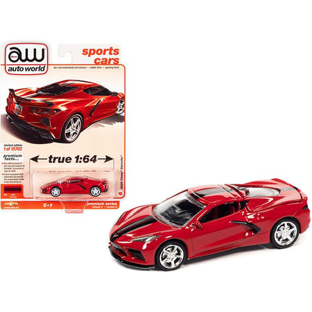 2020 Chevrolet Corvette C8 Stingray Torch Red with Twin Black Stripes "Sports Cars" Limited Edition to 15702 pieces Worldwide 1/64 Diecast Model Car by Autoworld-Autoworld-ModelCars.com