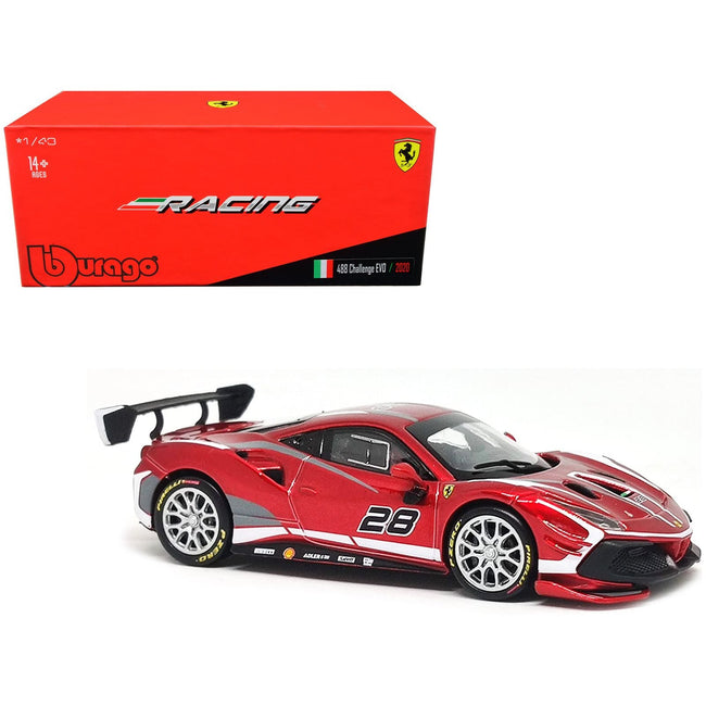 2020 Ferrari 488 Challenge EVO 28 Red with Graphics "Racing" Series 1/43 Diecast Model Car by Bburago - Bburago - ModelCars.com