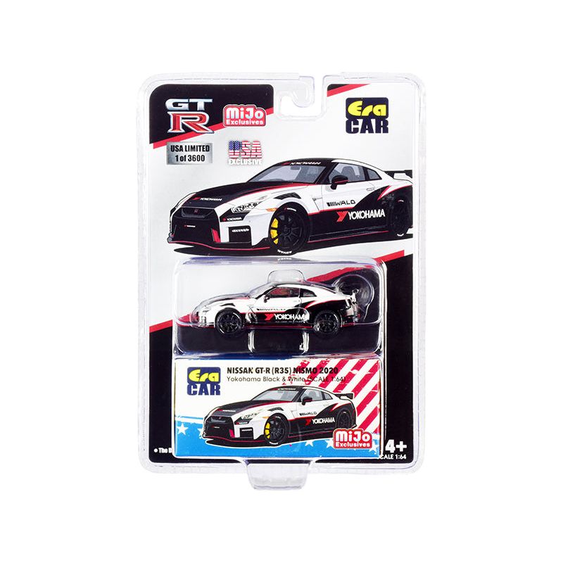 2020 Nissan GT-R (R35) Nismo "Yokohama" Black and White with Carbon Top and Red Stripes Limited Edition to 3600 pieces 1/64 Diecast Model Car by Era Car-Era Car-ModelCars.com