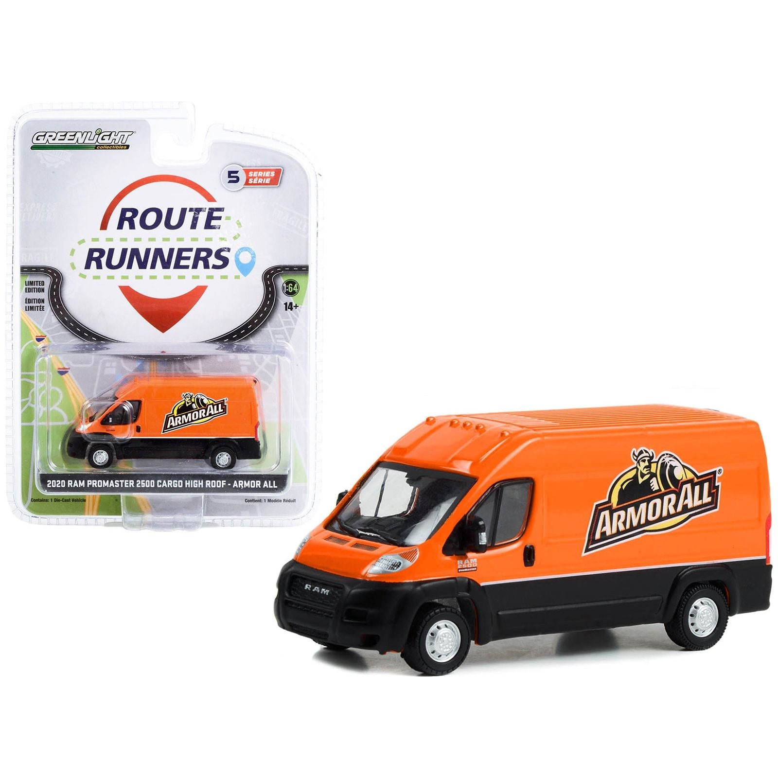 2020 Ram ProMaster 2500 Cargo High Roof Van "Armor All" Orange and Black "Route Runners" Series 5 1/64 Diecast Model Car by Greenlight - Greenlight - ModelCars.com