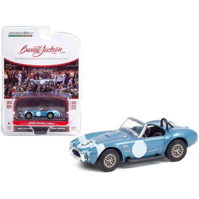 2020 Shelby Cobra FIA Bondurant Tribute 3 1964 Shelby Viking Blue Metallic with White Stripe (Lot 1321.1) Barrett Jackson "Scottsdale Edition" Series 7 1/64 Diecast Model Car by Greenlight-Greenlight-ModelCars.com