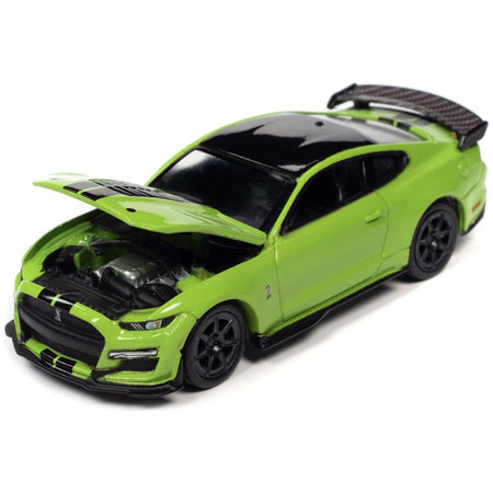 2020 Shelby GT500 Carbon Fiber Track Pack Grabber Lime Green with Black Stripes and Black Top "Modern Muscle" Limited Edition 1/64 Diecast Model Car by Auto World-Autoworld-ModelCars.com