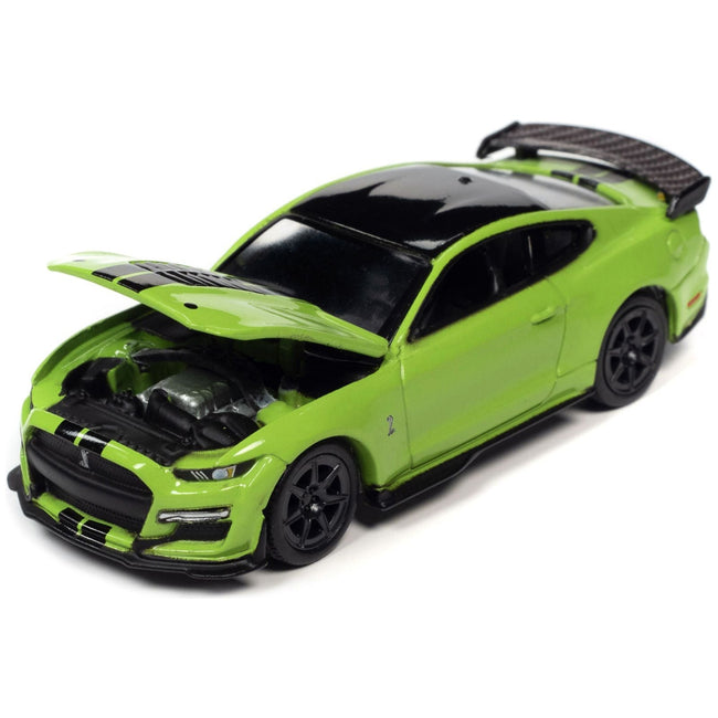 2020 Shelby GT500 Carbon Fiber Track Pack Grabber Lime Green with Black Stripes and Black Top "Modern Muscle" Limited Edition 1/64 Diecast Model Car by Auto World-Autoworld-ModelCars.com