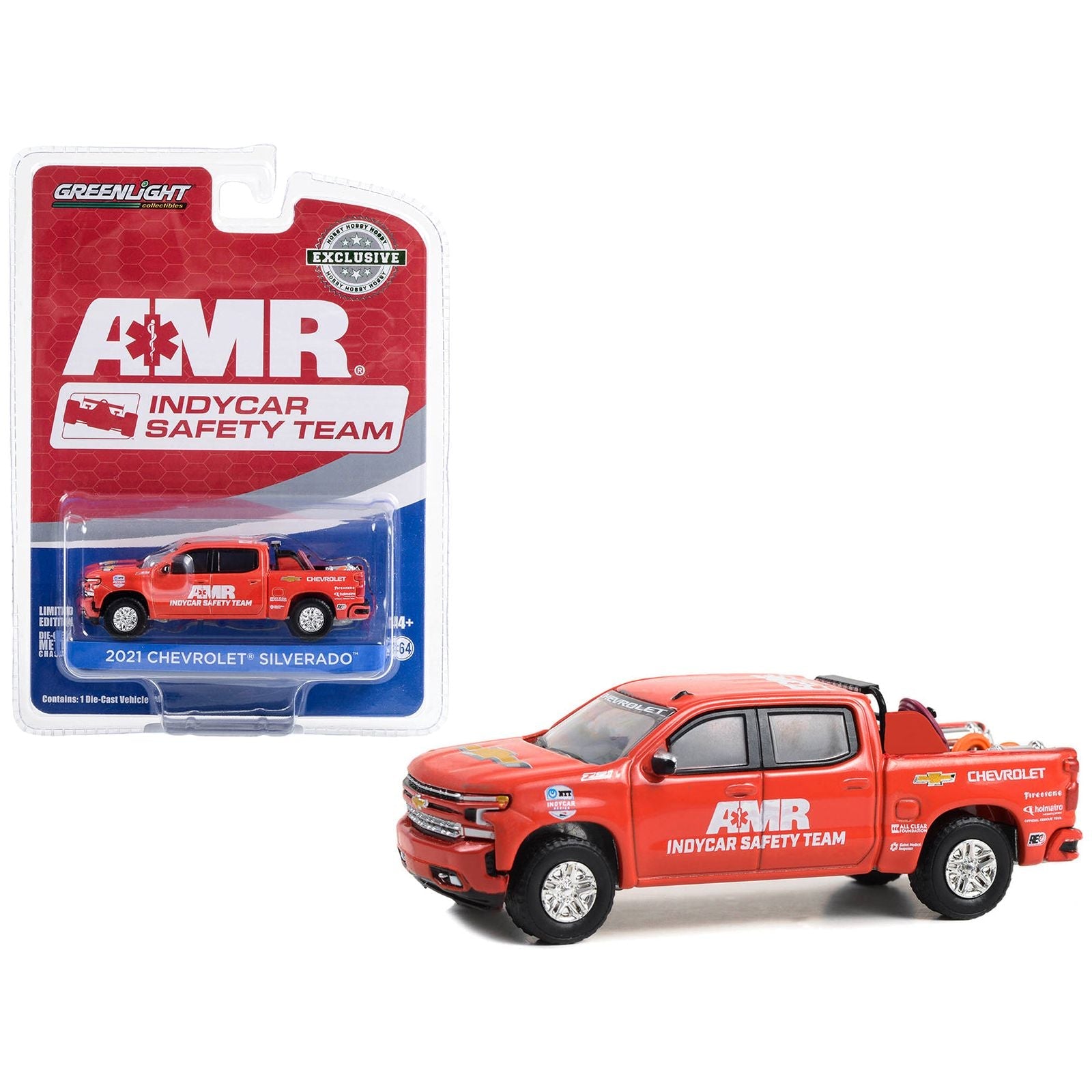 2021 Chevrolet Silverado Pickup Truck Red "2021 NTT IndyCar Series AMR IndyCar Safety Team" with Safety Equipment in Truck Bed "Hobby Exclusive" Series 1/64 Diecast Model by Greenlight - Greenlight - ModelCars.com