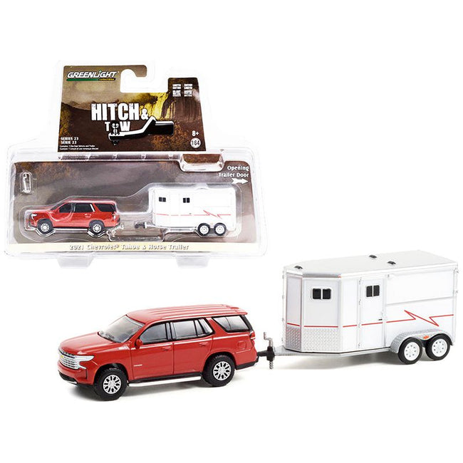 2021 Chevrolet Tahoe Cherry Red Pearl with White Horse Trailer "Hitch & Tow" Series 23 1/64 Diecast Model Car by Greenlight - Greenlight - ModelCars.com