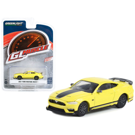 2021 Ford Mustang Mach 1 Grabber Yellow with Black Stripes "Greenlight Muscle" Series 27 1/64 Diecast Model Car by Greenlight - Greenlight - ModelCars.com