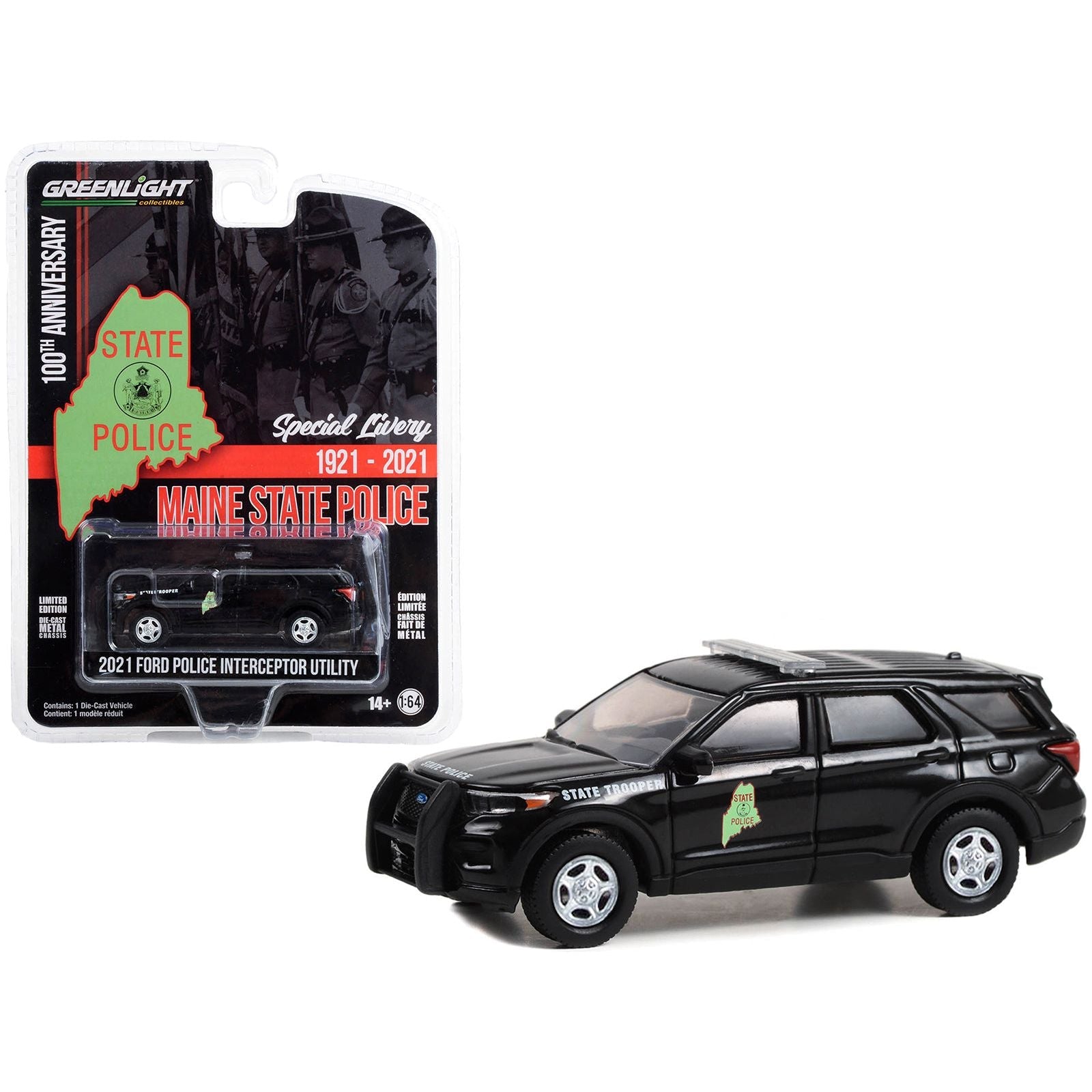 2021 Ford Police Interceptor Utility Black "Maine State Police 100th Anniversary" "Anniversary Collection" Series 15 1/64 Diecast Model Car by Greenlight - Greenlight - ModelCars.com