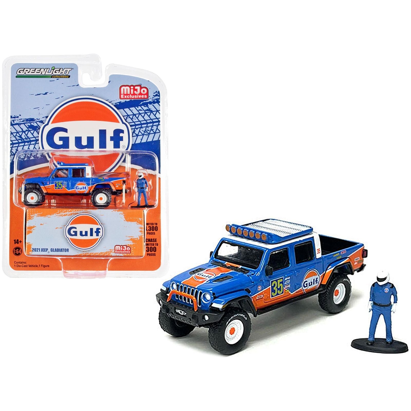2021 Jeep Gladiator Pickup Truck 35 "Gulf Oil" and Driver Figure Limited Edition to 3300 pieces Worldwide 1/64 Diecast Model Car by Greenlight - Greenlight - ModelCars.com