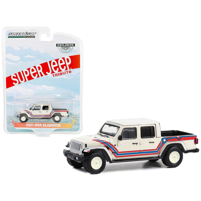 2021 Jeep Gladiator Pickup Truck "Super Jeep Tribute" White with Red and Blue Stripes "Hobby Exclusive" Series 1/64 Diecast Model Car by Greenlight - Greenlight - ModelCars.com