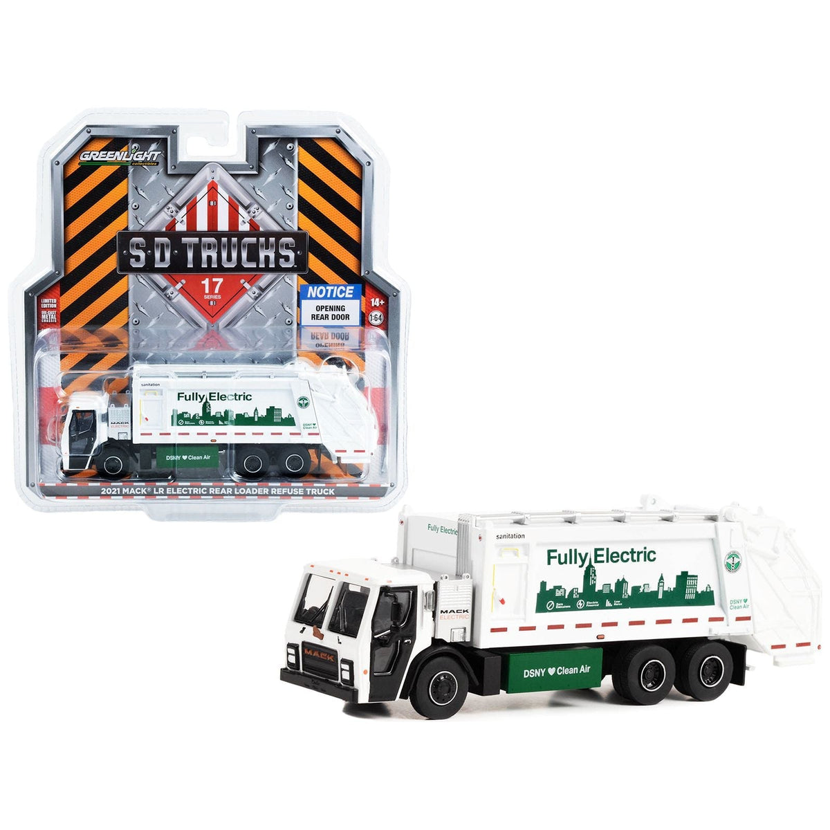 2021 Mack LR Electric Rear Loader Refuse Truck White "New York City Department of Sanitation (DSNY) Fully Electric" "S.D. Trucks" Series 17 1/64 Diecast Model Car by Greenlight-Greenlight-ModelCars.com