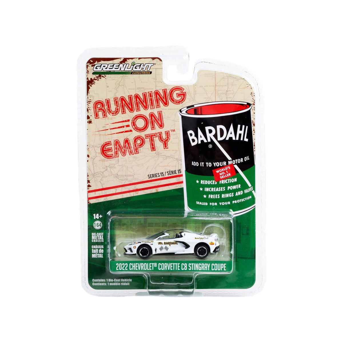 2022 Chevrolet Corvette C8 Stingray Convertible White with Blue Stripes and Interior "Mr. Bardahl" "Running on Empty" Series 15 1/64 Diecast Model Car by Greenlight-Greenlight-ModelCars.com