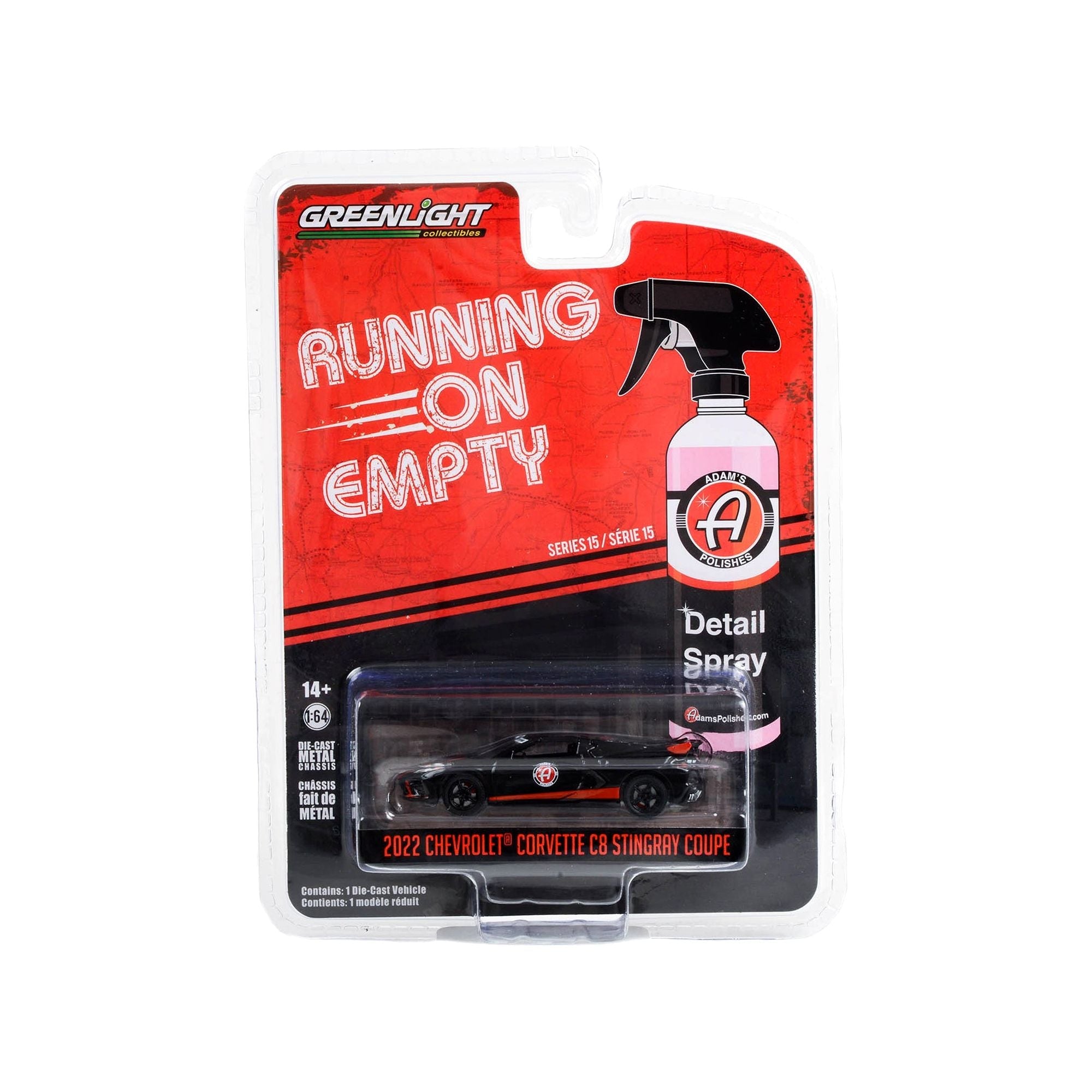 2022 Chevrolet Corvette C8 Stingray Coupe Black with Red Stripes "Adam's Polishes" "Running on Empty" Series 15 1/64 Diecast Model Car by Greenlight - Greenlight - ModelCars.com