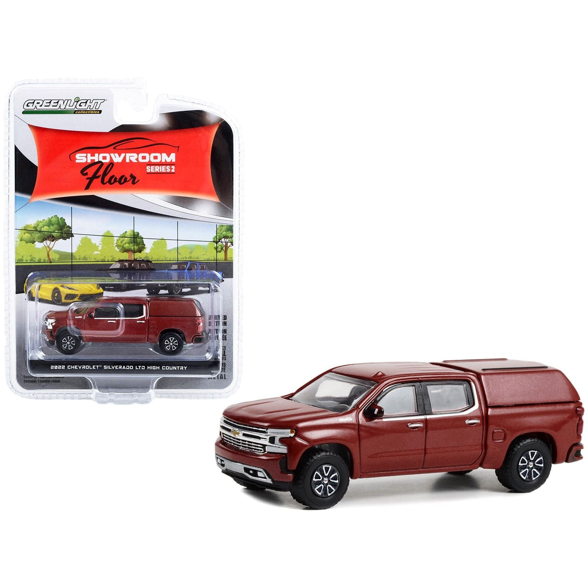 2022 Chevrolet Silverado LTD High Country Pickup Truck with Camper Shell Cherry Red Metallic "Showroom Floor" Series 2 1/64 Diecast Model Car by Greenlight-Greenlight-ModelCars.com