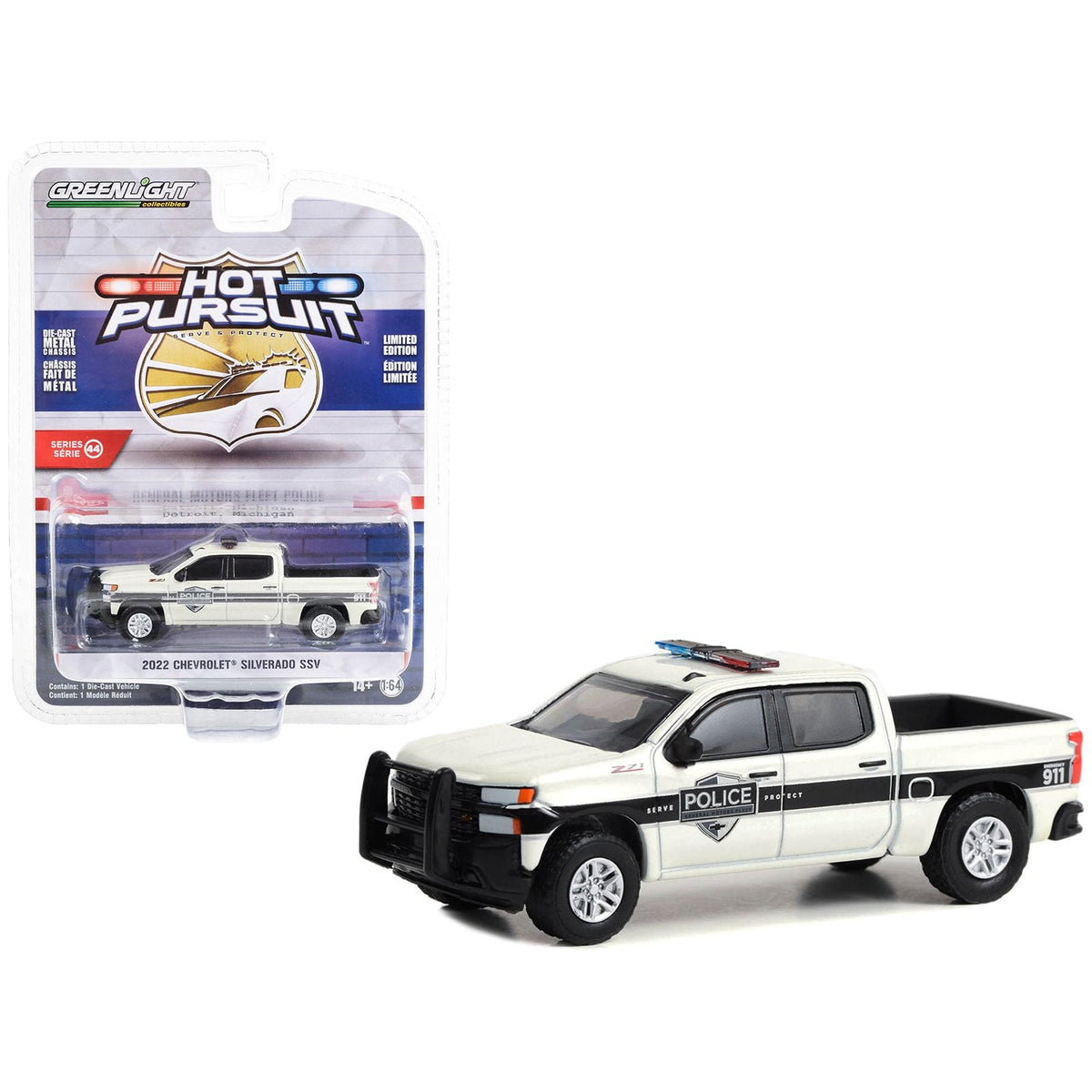 2022 Chevrolet Silverado SSV Pickup Truck White Metallic "General Motors Fleet Police" "Hot Pursuit" Series 44 1/64 Diecast Model Car by Greenlight - Greenlight - ModelCars.com