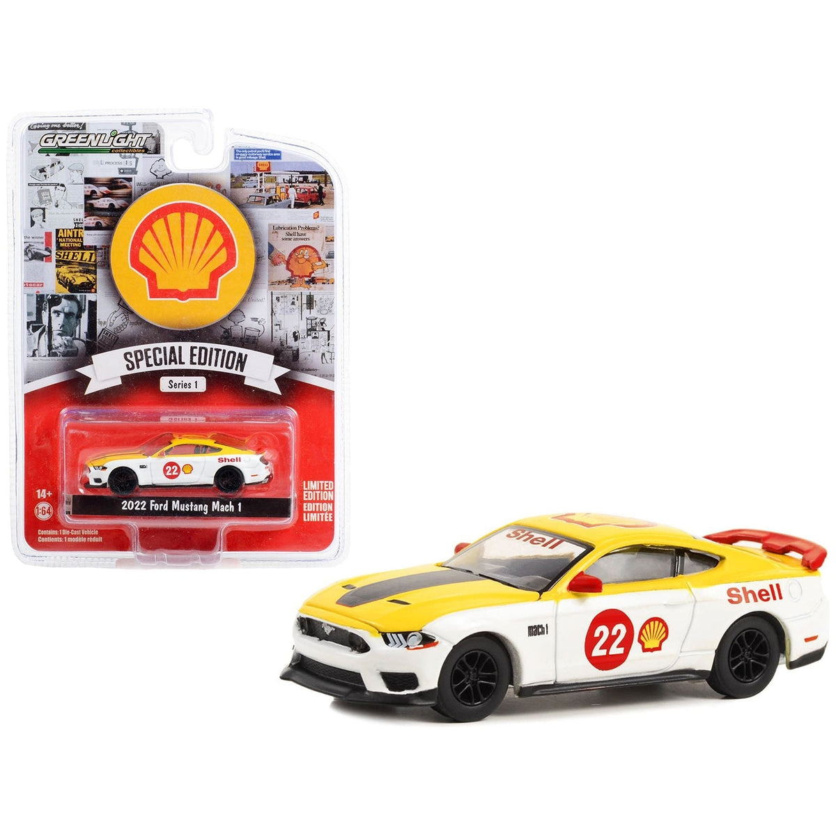 2022 Ford Mustang Mach 1 22 Yellow and White "Shell Racing" "Shell Oil Special Edition" Series 1 1/64 Diecast Model Car by Greenlight-Greenlight-ModelCars.com