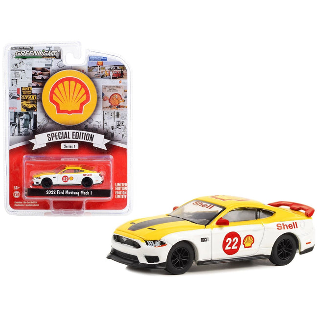 2022 Ford Mustang Mach 1 22 Yellow and White "Shell Racing" "Shell Oil Special Edition" Series 1 1/64 Diecast Model Car by Greenlight-Greenlight-ModelCars.com