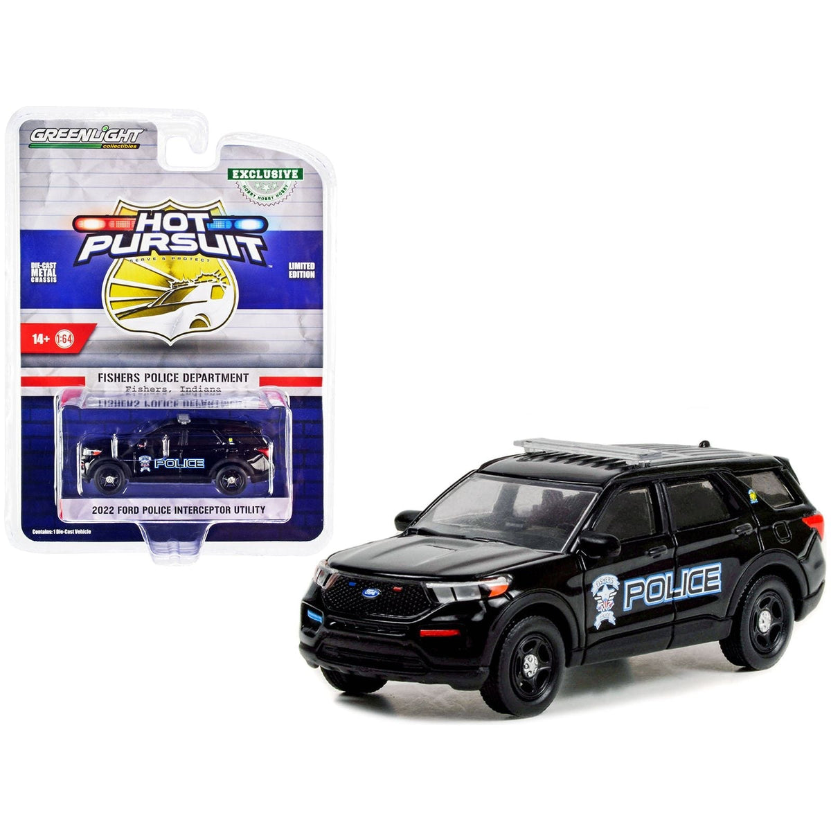 2022 Ford Police Interceptor Utility Black "Fishers Police Department Indiana" "Hobby Exclusive" 1/64 Diecast Model Car by Greenlight-Greenlight-ModelCars.com