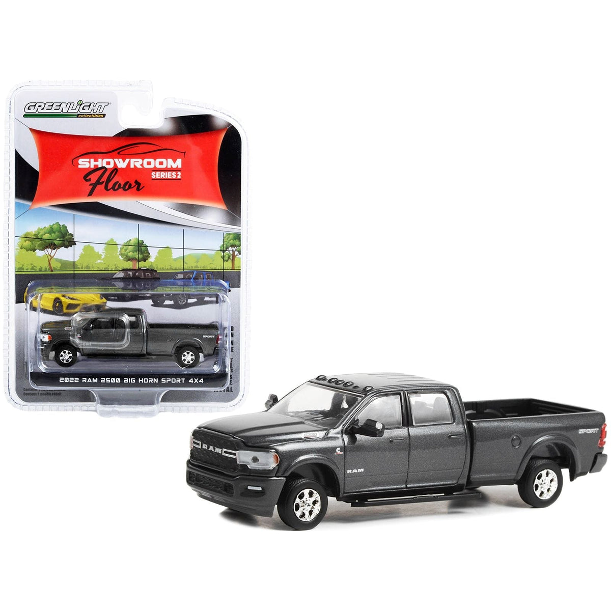 2022 RAM 2500 Big Horn Sport 4X4 Pickup Truck Granite Crystal Gray Metallic "Showroom Floor" Series 2 1/64 Diecast Model Car by Greenlight-Greenlight-ModelCars.com