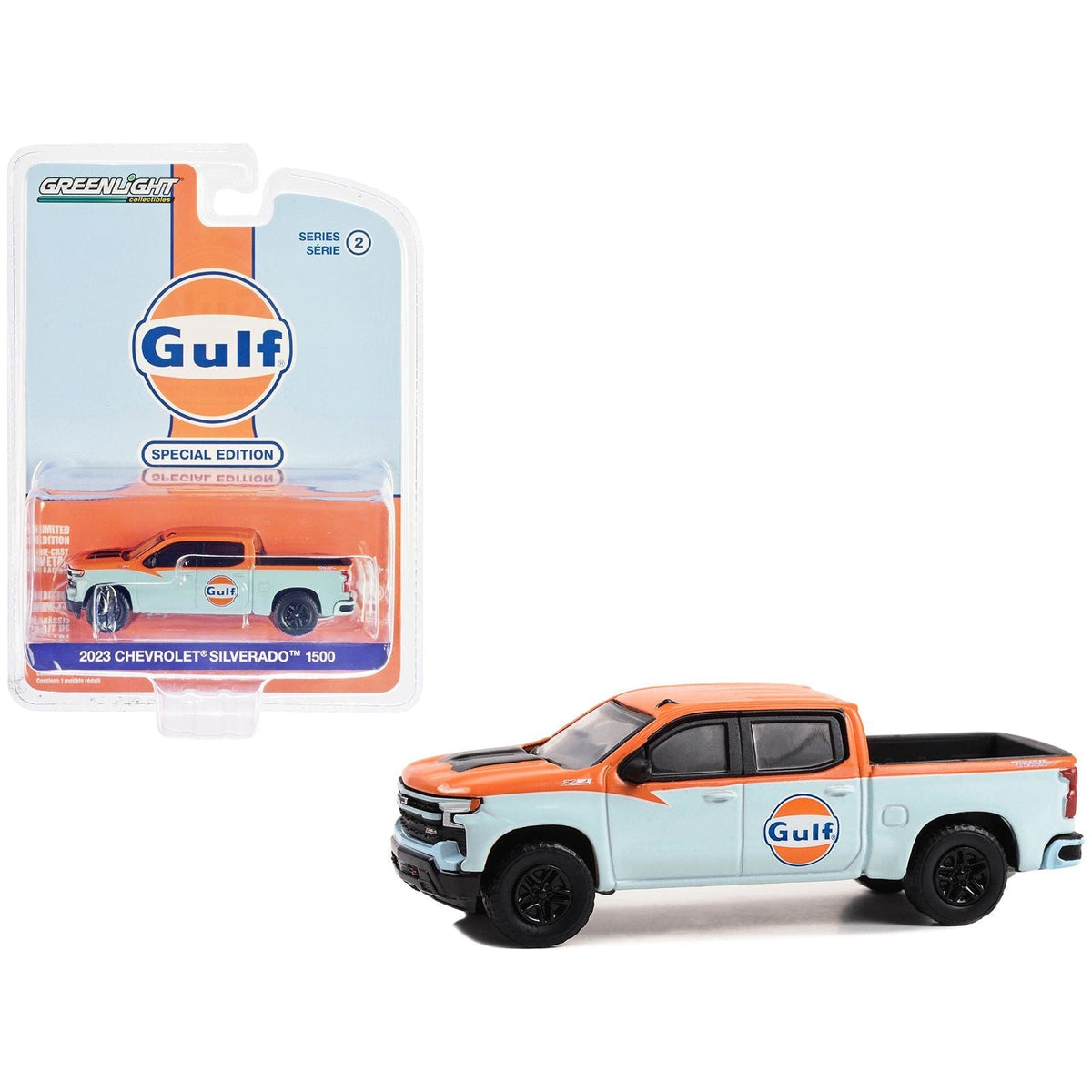 2023 Chevrolet Silverado 1500 Z71 Pickup Truck Light Blue and Orange "Gulf Oil Special Edition" Series 2 1/64 Diecast Model Car by Greenlight-Greenlight-ModelCars.com
