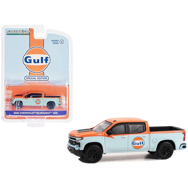 2023 Chevrolet Silverado 1500 Z71 Pickup Truck Light Blue and Orange "Gulf Oil Special Edition" Series 2 1/64 Diecast Model Car by Greenlight-Greenlight-ModelCars.com